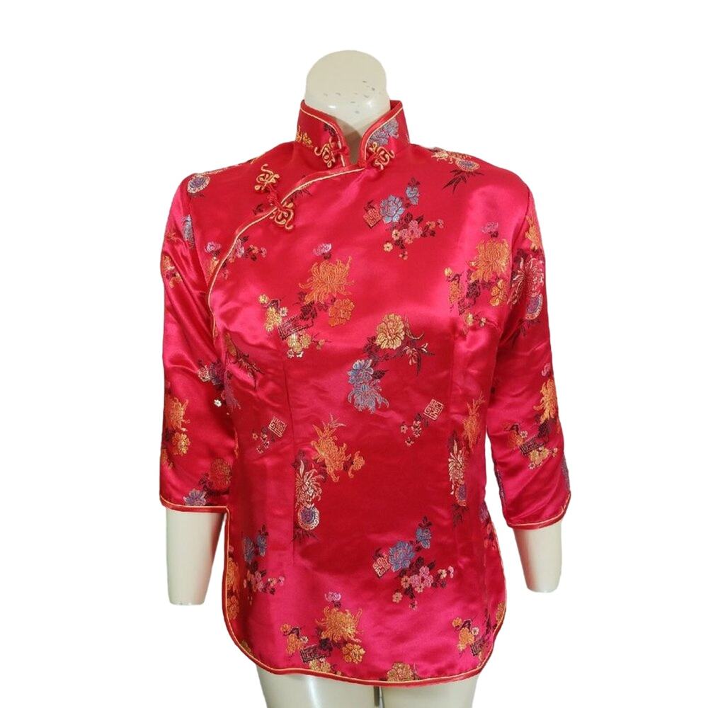 New Brocade Yue Hwa japanese Blouse hand stitched accents Stunning Red 36